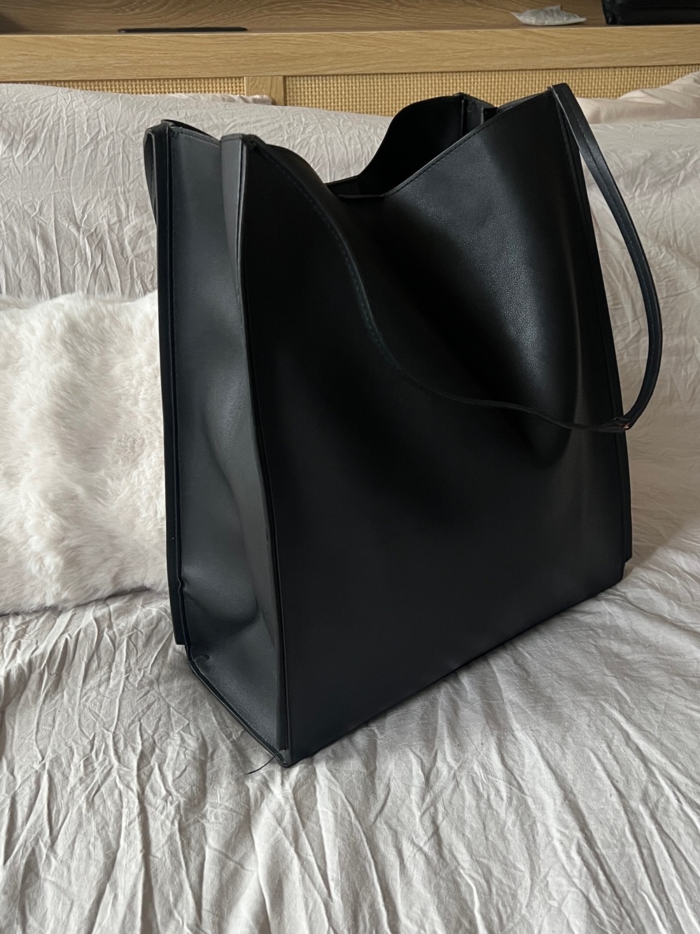MANGO Black Leather Shoulder Tote Bag - One Size